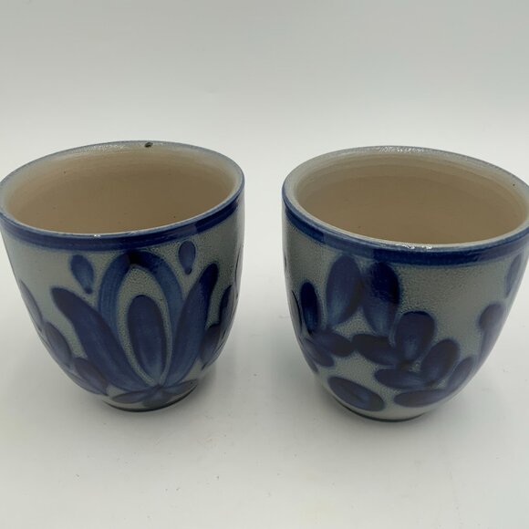 Salt Glazed Pottery Cups Set Of 2 Hand Painted Gray Cobalt Blue 3" Stoneware - Picture 5 of 5